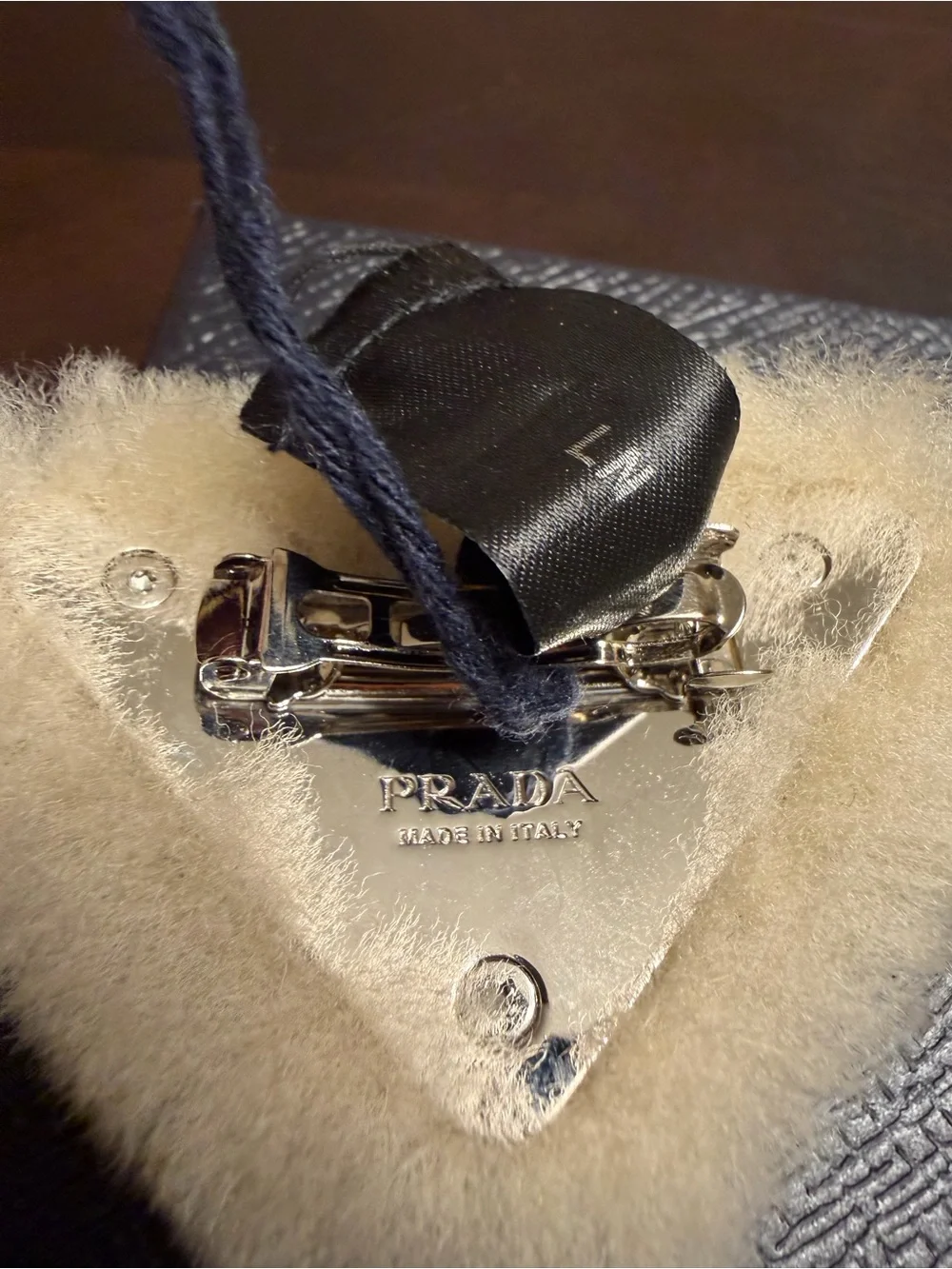 New Authentic Prada Logo Triangular Faux Fur Hair Clip